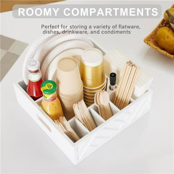 Wood Utensil Holder Paper Plate Cup Napkin Caddy Flatware Organizer for Party - Picture 6 of 8
